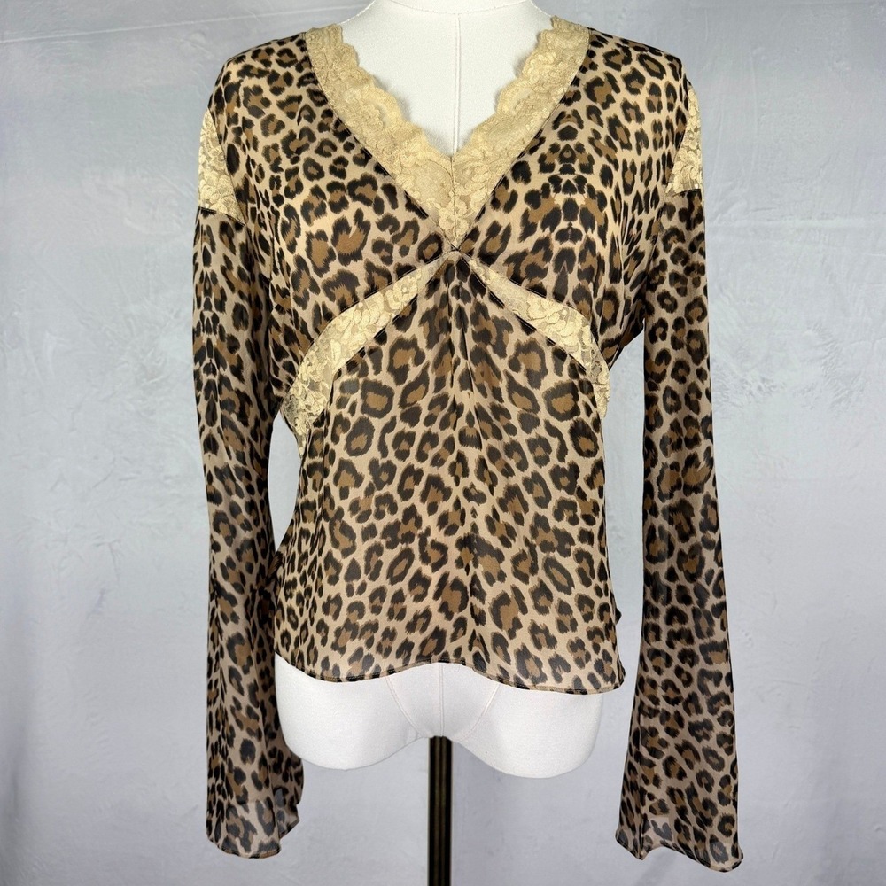 Vintage Y2K Moda International Silk Sheer Leopard‎ Flare Sleeve McBling Top M
